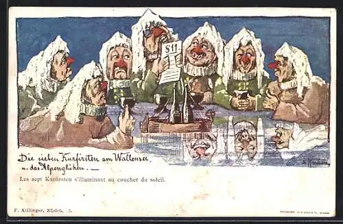 Künstler-AK sign. E. Hansen /Emil Nolde: Die sieben Kurfirsten am Wallensee und Alpenglühen, Berggesichter