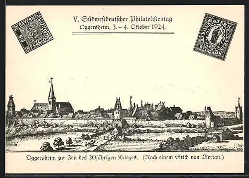 Künstler-AK Oggersheim, V. Südwestdeutscher Philatelistentag 1924, Teilansicht nach Merian, Ganzsache 3 Pfennige
