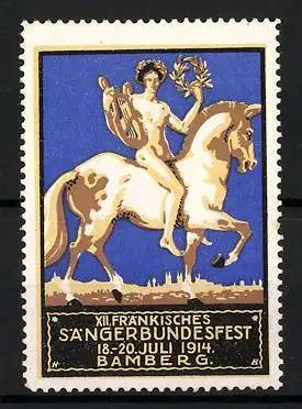 Reklamemarke Bamberg, XII. Fränkisches Sängerbundesfest 1914, nackter Sänger mit Lyra auf Pferd