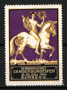 Reklamemarke Bamberg, XII. Fränkisches Sängerbundesfest 1914, nackter Sänger mit Lyra auf Pferd