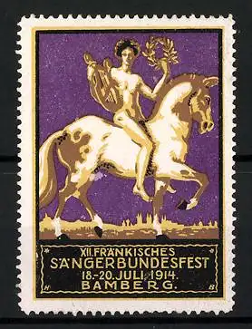 Reklamemarke Bamberg, XII. Fränkisches Sängerbundesfest 1914, nackter Sänger mit Lyra auf Pferd