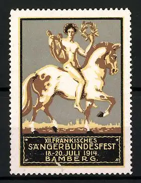 Reklamemarke Bamberg, XII. Fränkisches Sängerbundesfest 1914, nackter Sänger mit Lyra auf Pferd