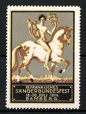 Reklamemarke Bamberg, XII. Fränkisches Sängerbundesfest 1914, nackter Sänger mit Lyra auf Pferd