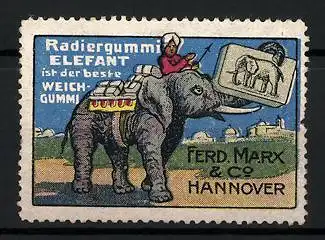 Reklamemarke Elefant Radiergummi, ist der beste Weichgummi, Ferd. Marx & Co., Hannover, Inder reitet Elefanten