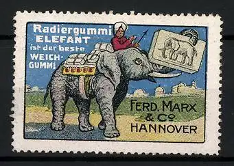 Reklamemarke Elefant Radiergummi, ist der beste Weichgummi, Ferd. Marx & Co., Hannover, Inder reitet Elefanten
