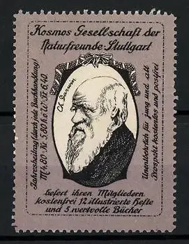 Reklamemarke Kosmos Gesellschaft der Naturfreunde Stuttgart, illustrierte Hefte und Bücher, Portrait Ch. Darwin