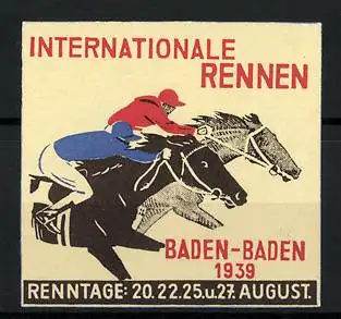 Reklamemarke Baden-Baden, Internationale Rennen 1939, Jockeys auf ihren Pferden