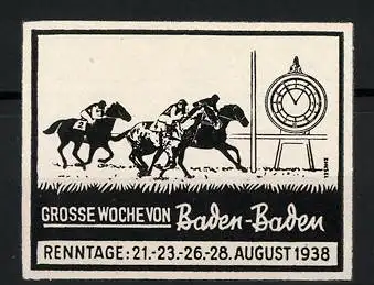 Reklamemarke Baden-Baden, Pferderennen 1938, Jockeys auf ihren Pferden