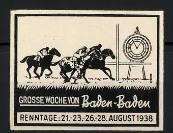 Reklamemarke Baden-Baden, Pferderennen 1938, Jockeys auf ihren Pferden