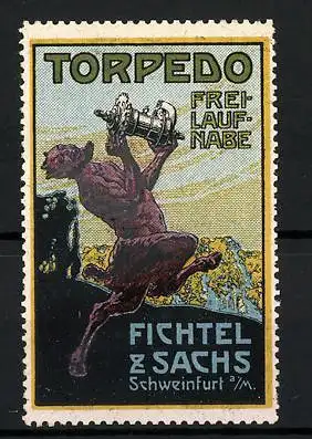 Reklamemarke Torpedo Freilaufnabe, Fichtel & Sachs, Schweinfurt, Teufel tanzt mit einer Fahrradnabe in den Händen