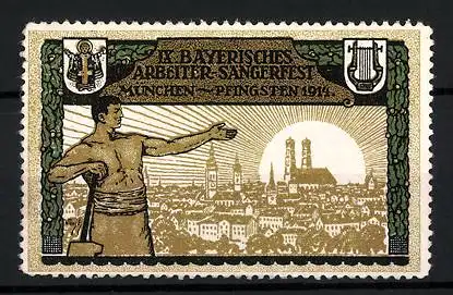Reklamemarke München, IX. Bayerisches Arbeiter-Sängerfest 1914, Arbeiter schaut auf die Stadt, Wappen