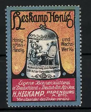 Reklamemarke Heslamp Honig, Honig-Grosshandlung H. Heskamp, Papenburg, Honigglas