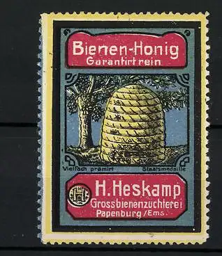 Reklamemarke Bienenhonig H. Heskamp, Grossbienenzüchterei Papenburg, Bienenstock