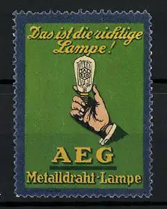 Reklamemarke AEG Metalldraht-Lampe, Hand hält Glühkörper