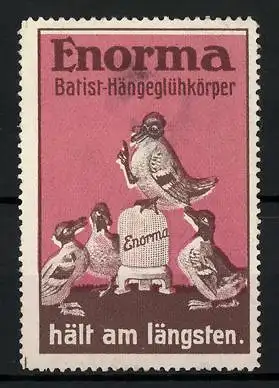Reklamemarke Enorma Batist-Hängeglühkörper, Ente steht auf einem Glühkörper
