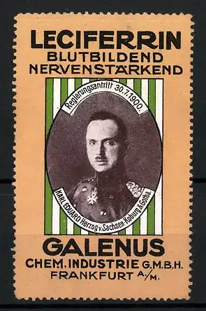 Reklamemarke Herzog Karl Eduard v. Sachs. Koburg, Leciferrin-Kräftigungspräparat, Galenus Chem. Industrie Frankfurt