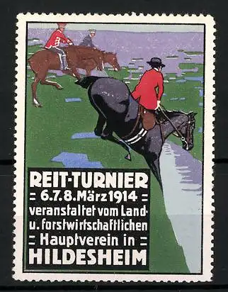 Reklamemarke Hildesheim, Reit-Turnier 1914, Pferde springen über einen Bach