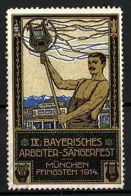 Reklamemarke München, IX. Bayerisches Arbeiter-Sängerfest 1914, Arbeiter mit Lyra