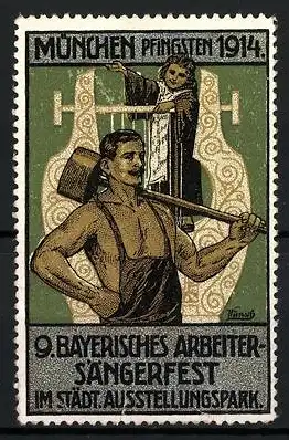 Reklamemarke München, IX. Bayerisches Arbeiter-Sängerfest 1914, Arbeiter und Münchner Kindl auf Lyra