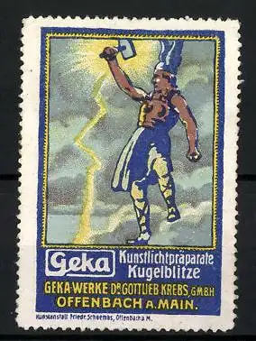 Reklamemarke Geka Kunstlichtpräparate & Kugelblitze, Geka-Werke Dr. Gottlieb Krebs, Offenbach, Germane mit Hammer