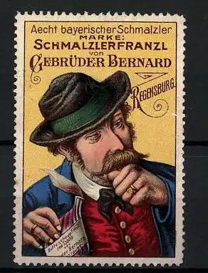 Reklamemarke Schmalzlerfranzl, Aecht bayerischer Schmalzler, Gebrüder Bernhard, Regensburg, Mann mit Schnupftabak