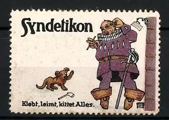 Künstler-Reklamemarke Lehmann Steglitz, Syndetikon klebt, leimt und kittet alles, Knappe und Hund