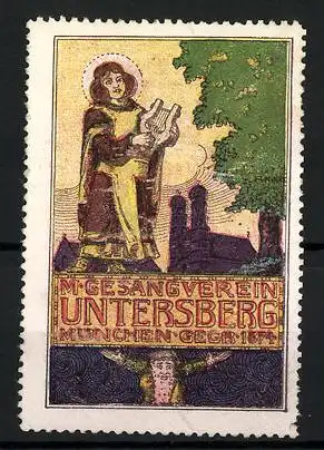 Reklamemarke München, Männer-Gesangverein Untersberg, Gegr. 1874, Münchner Kindl mit Lyra vor Frauenkirche, Zwerg