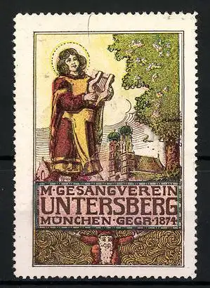 Reklamemarke München, Männer-Gesangverein Untersberg, Gegr. 1874, Münchner Kindl mit Lyra vor Frauenkirche, Zwerg