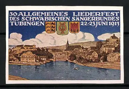 Reklamemarke Tübingen, 30. Allg. Liederfest des schwäbischen Sängerbundes 1913, Wappen und Stadtansicht