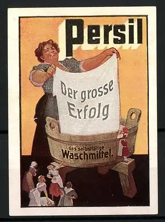 Reklamemarke Persil - selbsttätiges Waschmittel, Waschfrauen am Waschfass