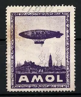 Reklamemarke Amol, Zeppelin fährt über eine Stadt hinweg