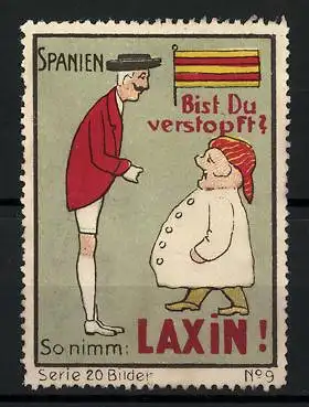 Reklamemarke Laxin - Abführmittel, Bist du verstopft? Spanier im Gespräch, Flagge, Bild 9 von 20