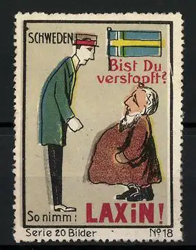 Reklamemarke Laxin - Abführmittel, Bist du verstopft? Schweden im Gespräch, Flagge, Bild 18 von 20