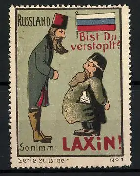 Reklamemarke Laxin - Abführmittel, Bist du verstopft? Russen im Gespräch, Flagge, Bild 1 von 20