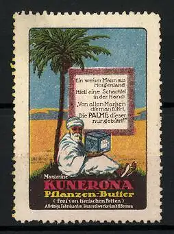 Reklamemarke Kunerona Pflanzen-Butter, Araber mit Margarinewürfel unter Palme sitzend