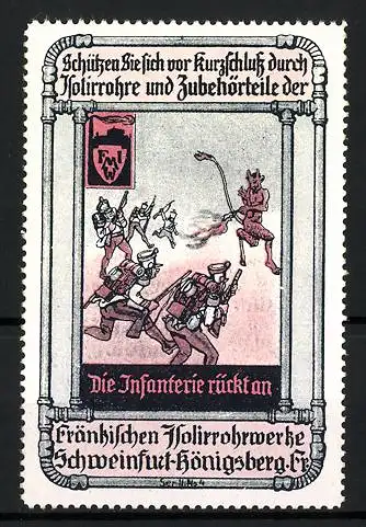 Reklamemarke Fränkische Isolirrohrwerke Schweinfurt-Königsberg, Die Infanterie rückt an, Soldaten kämpfen mit Teufel