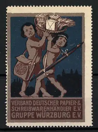 Reklamemarke Würzburg, Verband Deutscher Papier- und Schreibwarenhändler e.V., nackte Jungen mit Briefen