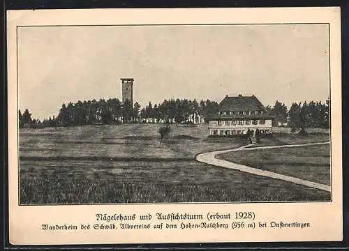 AK Onstmettingen, Nägelehaus und Aussichtsturm, Baustein-Karte 50 Pfennig, Schwäbischer Albverein