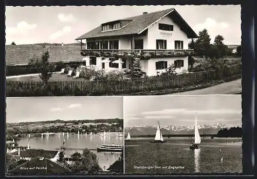 AK Percha /Starnberg, Fremdenheim Haus Fersch, Seepartie mit Zugspitze, Ortsansicht