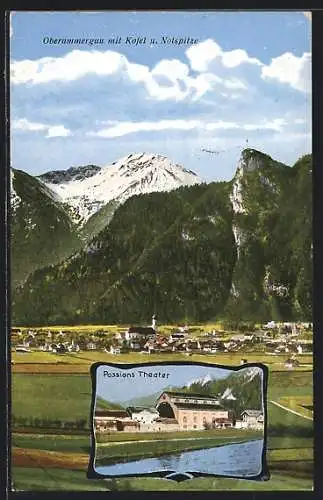 AK Oberammergau, Blick zum Ort mit Kofel u. Notspitze, Passions-Theater