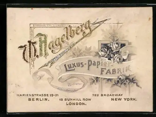Vertreterkarte Berlin, W. Hagelberg, Luxus-Papier-FAbrik, Marienstrasse 19-21, Filialen in London und New York