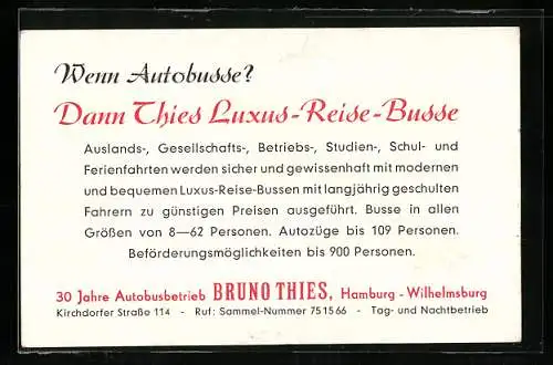 Vertreterkarte Hamburg-Wilhelmsburg, Bruno Thies, Luxus-Reisebusse, 30 Jahre Autobusbetrieb, Rückseite Buss Innenansicht