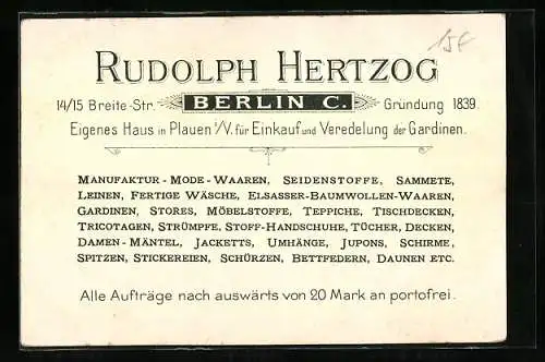 Vertreterkarte Berlin, Rudolph Hertzog, Breite Str. 14 /15, Rückseite Pavillon auf der Gewerbeausstellung 1896