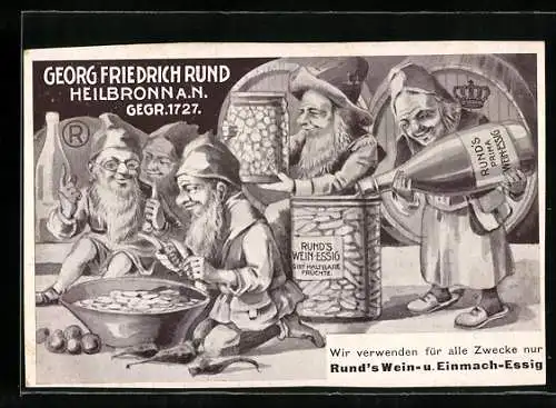 Vertreterkarte Heilbronn a. N., Georg Friedrich Rund, Rund`s Wein- und Einmach-essig, Zwerge, Rückseite mit Rezept