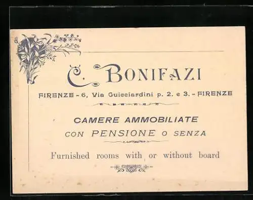 Vertreterkarte Firenze, C. bonifazi, Camere Ammobiliate, Via Gucciardini 2e3