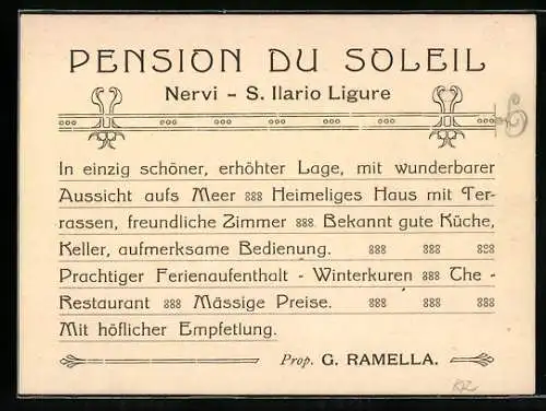Vertreterkarte Nervi - S. Ilario Ligure, Pension Du Soleil, Prop. G. Ramella