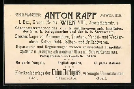 Vertreterkarte Wien, Anton Rapf, Uhrmacher und Juwelier, Graben Nr. 21 und Josefstädterstr. 1, K.u.K Chronometermacher