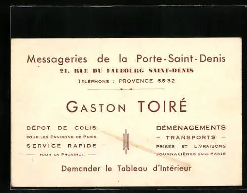 Vertreterkarte Saint-Denis, Gaston Toiré, Messagerie de la Porte-Saint-Denis, 21 rue due Faubourg