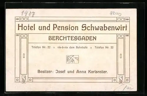 Vertreterkarte Berchtesgaden, Hotel und Pension Schwabenwirt, Inh. Josef und Anna Karlsreiter