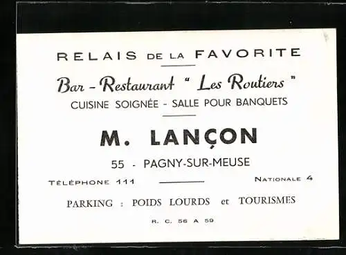 Vertreterkarte Pagny-sur-Meuse, Bar-Restaurant Les Routiers von M. Lancon, National 4, Rückseite Blick zur Bar